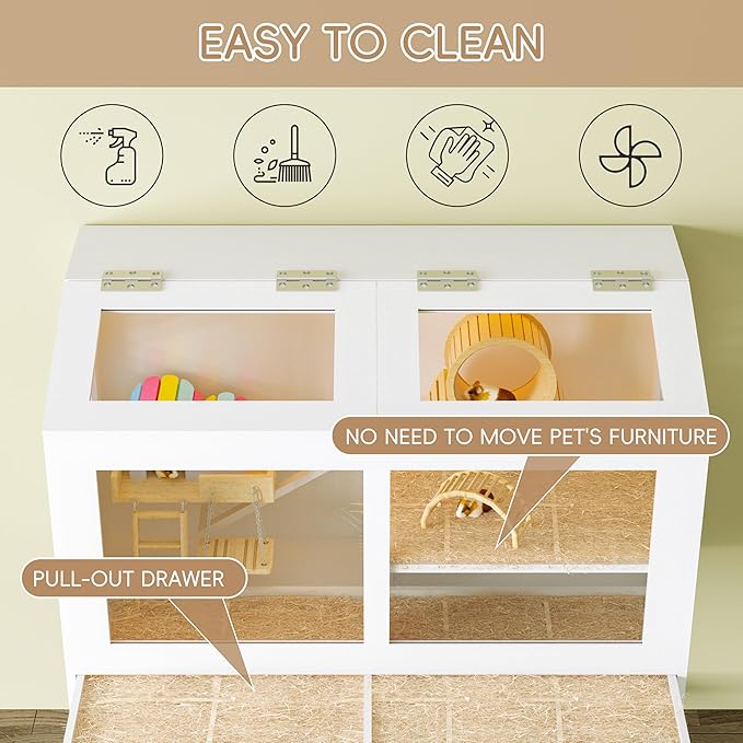 Hamster Cage with Storage Cabinet, Guinea Pig Cage for Small Animals, Large Hamster Cage and Habitat with Easy View Acrylic Panels and Pull Out Drawer for Hamster, Rabbit, Hedgehog, Easy to Clean