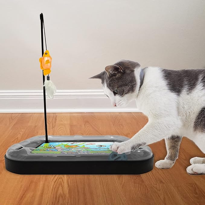 Cat Scratching Toy with Scratcher Board and Fish Aquarium Design, Fun and Exciting Catnip Cat Toy, Floppy Fish Toy with Feathers and Catnip Included