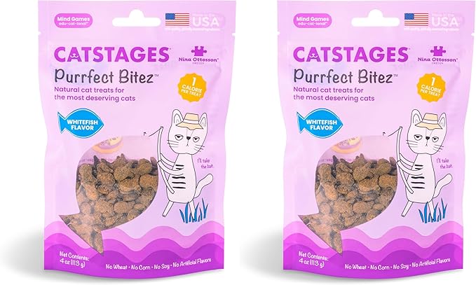 Catstages by Nina Ottosson Purrfect Bitez Natural Crunchy Cat Treats for Puzzles, Toys, Feeders, & Training, USA-Made, Real Whitefish Flavor, 4oz (Pack of 2)