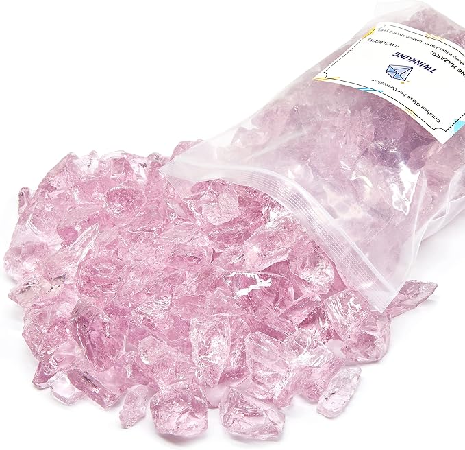 TWINKLING High Luster Fire Glass Gravel Stone,Broken Glass,Fire Pit Glass,Crushed Glass for Fireplace Pit Aquarium Garden Decoration,1-3cm,2-Pound Jar (Pink)