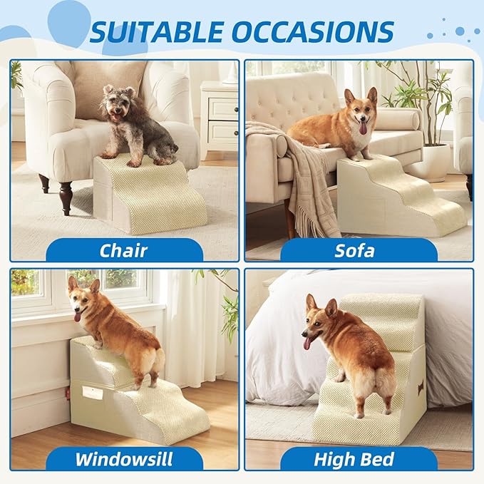 Dog Stairs for Small Dogs and Cats, 2 Steps Pet Stairs to Get on Couch Sofa and Chair, Indoor Non-Slip Balanced Portable Pet Step, High-Density Foam Ramp with Removable Washable Cover, Beige（11.8" H）