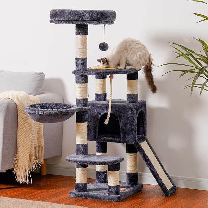 Heybly Cat Tree, Cat Tower for Indoor Cats with Scratching Board, Multi-Level Cat Furniture Condo with Feeding Bowl Smoky Gray HCT010SG
