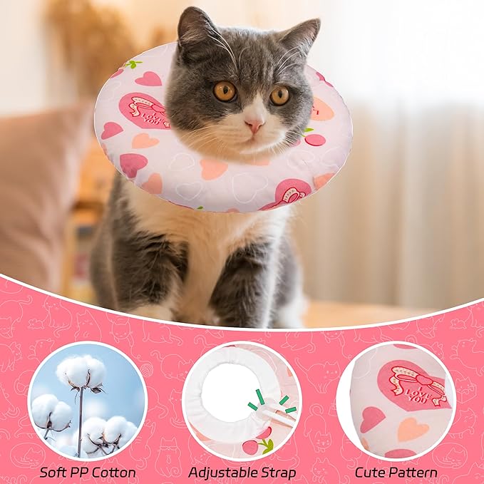 Cat Cone Soft Collar, Adjustable Cat Recovery Collar for Small Medium Large Cats, Cute Donut E Collar After Surgery, Anti-Lick Wound Healing Elizabethan Collar for Kittens (Pink Heart, Small)