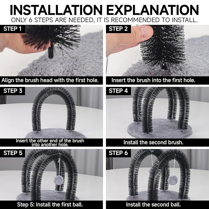 Cat Arch Self Groomer Massager, Kitty Grooming Brush with 2 Brushes and Heavy Plush Base, Cat Face and Back Scratchers, Scratching Post for Indoor and Outdoor Cats with 2 Plush Balls