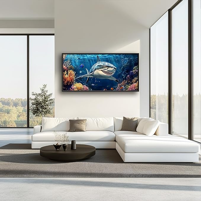 Large Ocean Shark Wall Art for Living Room, Framed Oversized Shark Fish Wall Decor Underwater Marine Life Canvas Painting Modern Artwork for Living Room Bathroom Bedroom Office Dining Room 60"x30"