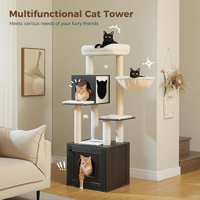 PEQULTI 57.5" Cat Tree with Litter Box Enclosure Large, Wood Cat Tower for Indoor Cats with Storage Cabinet and Cozy Cat Condo, Sisal Covered Scratching Post and Repalcable Dangling Balls, Black