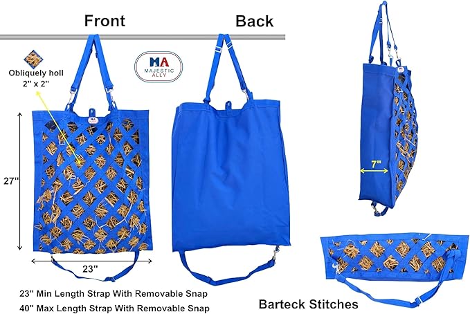 Majestic Ally Premium Nylon Hay Bag for Horses and Livestock, Simulates Grazing, Slow Feeding, Heavy-Duty PP Webbing,Quick-Adjust Straps, Small Hole for Digestion, Multiple Colors (Royal Blue)