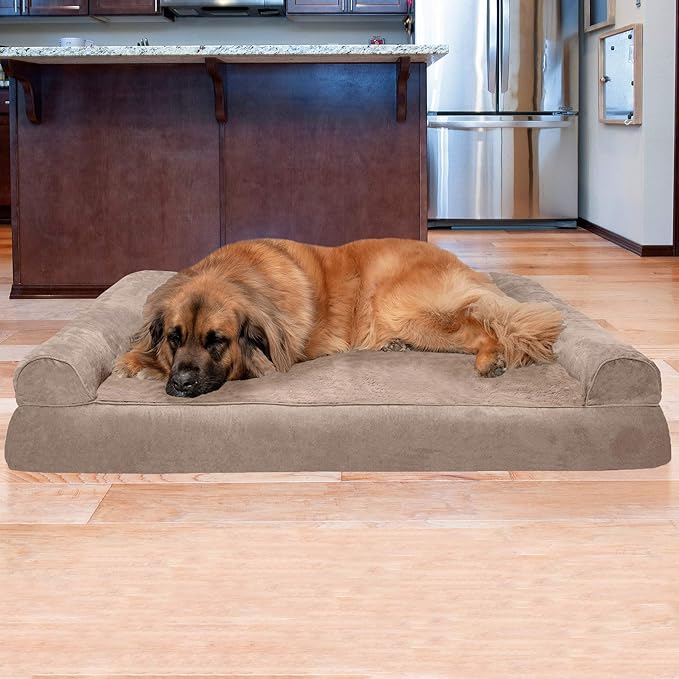 Furhaven Orthopedic Dog Bed for Large Dogs w/ Removable Bolsters & Washable Cover, For Dogs Up to 125 lbs - Plush & Suede Sofa - Almondine, Jumbo Plus/XXL