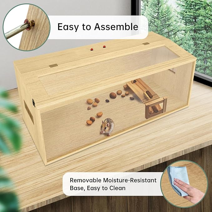 Large Hamster Cage 40", Top Opening Lockable Roof, Gerbil Cage with Ventilation Window, Dwarf Hamster Cages and Habitats, Chewproof Syrian Hamster Habitat Enclosure, (Wooden, 40" L x 16" W x 16" H)