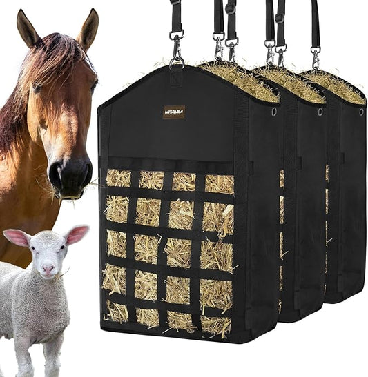 Hay Bags for Horses,3 Packs Slow Feed Hay Bags for Goats,Sheep,Donkey,Premium Oxford Hay Feed Bags with Front Hay Nets Design, Easy to Fill and Hang with Large Opening (3 Black)