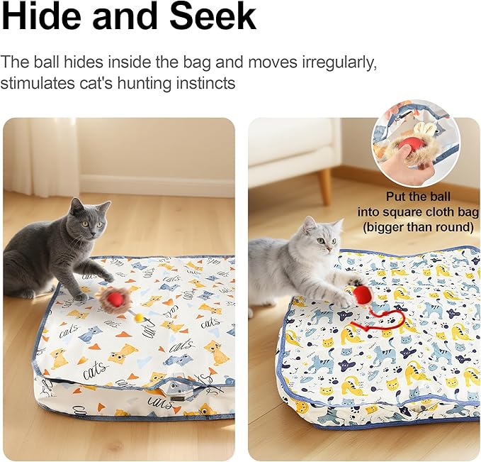 Interactive Cat Toys Ball - 2pcs Automatic Fast Rolling Ball in Play Mat, Hide and Seek Mouse Catching Game, Low-Noise Cat Enrichment Toys in Pouch for Indoor Bored Cats(Heart Patterns - Round)