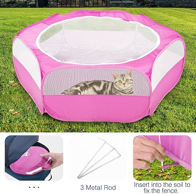 Pawaboo Small Animals Playpen, Waterproof Small Pet Cage Tent with Zippered Cover, Portable Outdoor Yard Fence with 3 Metal Rod for Chick/Kitten/Puppy/Guinea Pig/Rabbits/Hamster/Chinchillas,Magenta