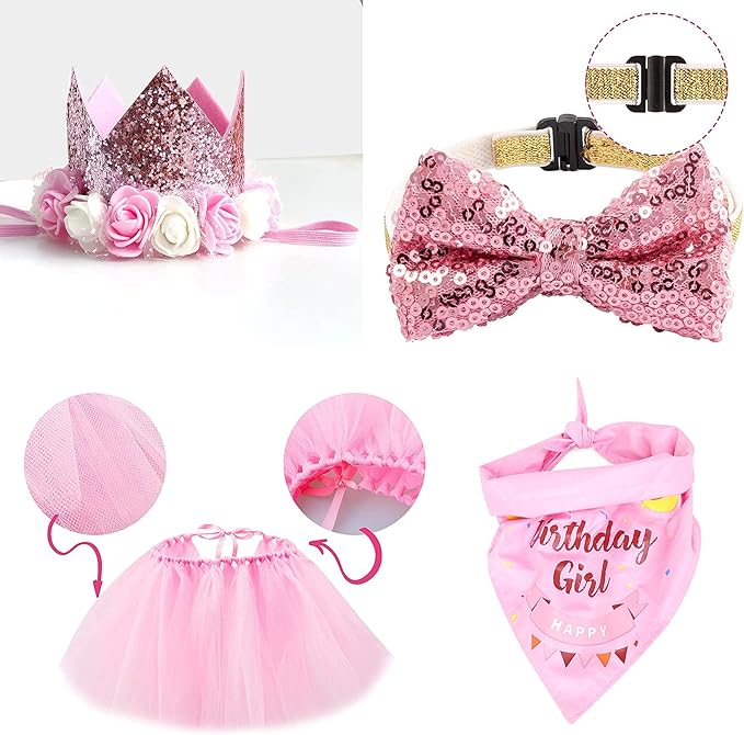 Dog Birthday Party Supplies, Pink Dog Birthday Decorations, Lets Pawty Balloons Banner Hat Bandana Tutu Skirt Outfit for Small Medium Dogs