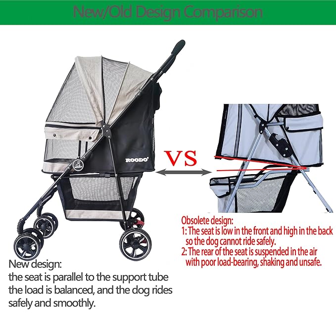 ROODO 4 Wheel Dog Cat Pet Stroller Best Lightweight Foldable Compact Portable Jogger All Terrain Travel Pet Gear Puppy Doggie Bunny Kitty Stroller for up to 30lbs Medium Small Dogs Cats(Light Khaki)