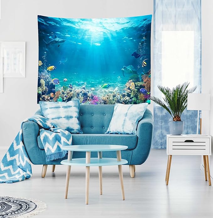 Loccor Underwater World Tapestry Blue Ocean Wall Hanging Under the Sea Coral Reef Wall Tapestry Tropical Fish Tank Undersea Tapestries Marine Wall Art for Bedroom Living Room Dorm Decor 60X40 Inches