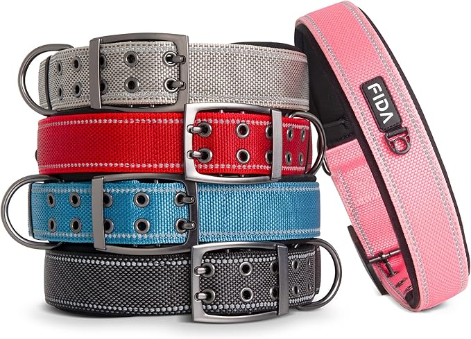 Fida Heavy Duty Dog Collar 1.5” Width, Ultra Soft Neoprene Padded, Adjustable Reflective Nylon Pet Collar with Two Metal Pin Belt Buckle for Large/X-Large Breeds (XL, Pink)
