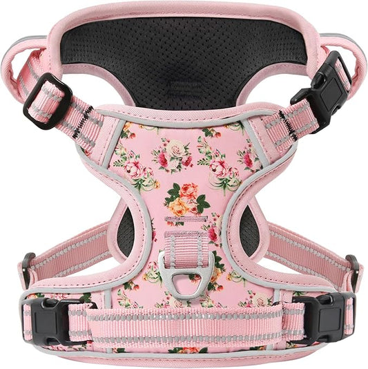 Timos No Pull Dog Harness,NO Need Go Over Dogs Head 3 Snap Buckles Reflective Oxford No Choke Harness with Front & Back 2 Metal Leash Clips Soft Padded for Small Medium Large Dogs Pink S