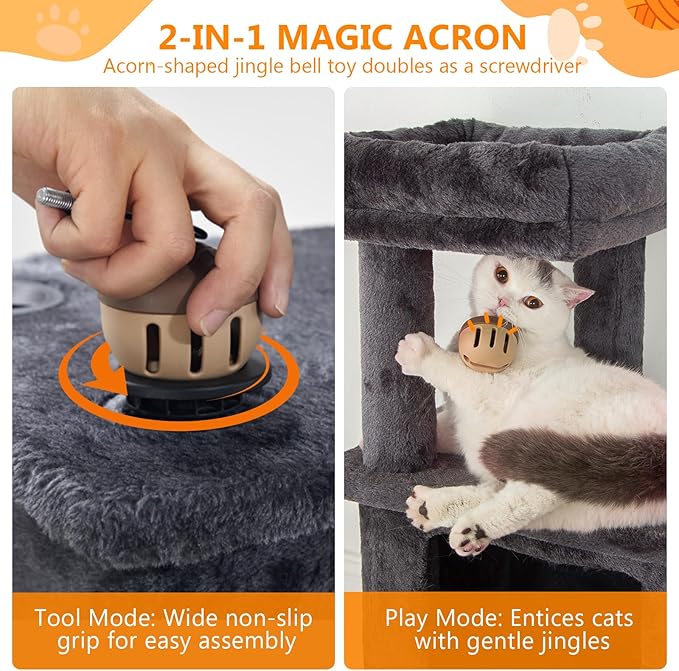 KITTY KINGDOM 65in Large Cat Tree Condo Furniture for Indoor Kitties, Multi-Level Cat Tower with 4 Scratching Posts, Cat Cave, Hammock, Perch & Reinforced Base, Plush Gray