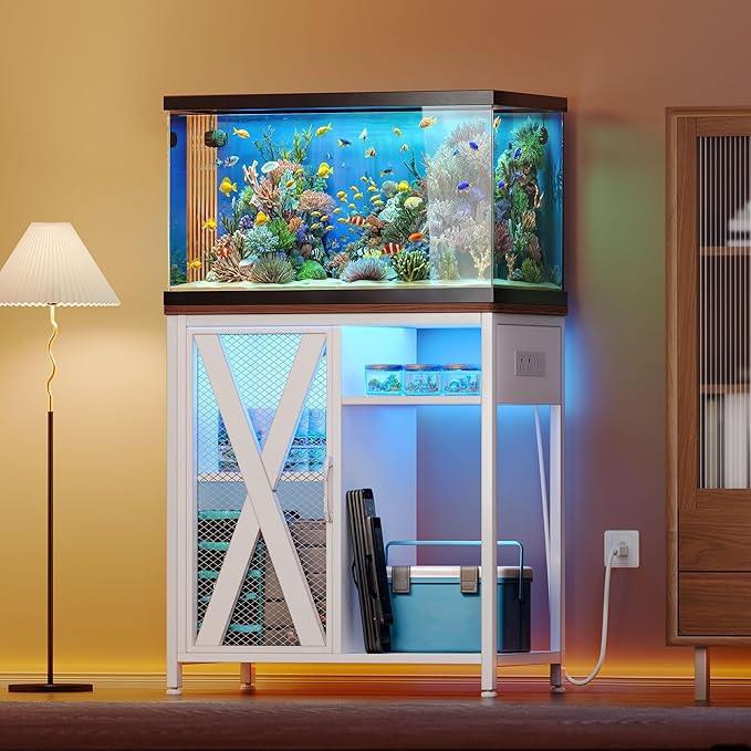 YITAHOME Fish Tank Stand with Power Outlets & LED Light, 20-29 Gallon Metal Aquarium Stand with Cabinet for Fish Tank Accessories Storage for Turtle, Reptile Terrarium, 350LBS Capacity, White