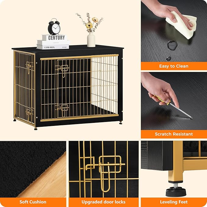 DWANTON Dog Crate Furniture with Cushion, Wooden Kennel Table with Double Doors, Indoor Dog House, Large Size, 38.5" L, Black+Gold