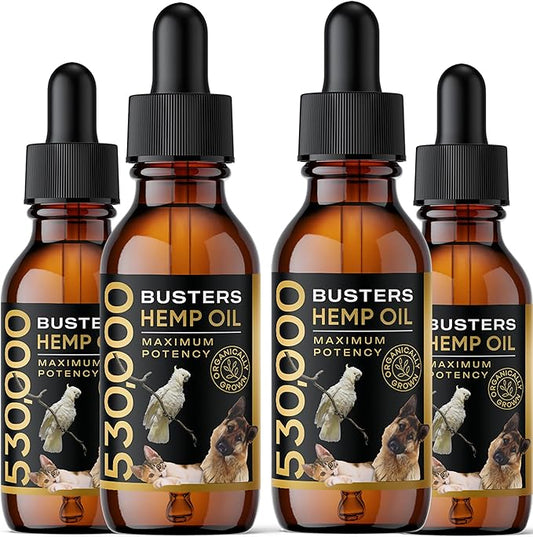 Buster's Organic Hemp Oil 530,000 4Pack-4month Supply for Dogs & Cats - Max Potency - Made in USA - Omega Rich 3, 6 & 9 - Hip & Joint Health, Natural Relief, Calming Drops