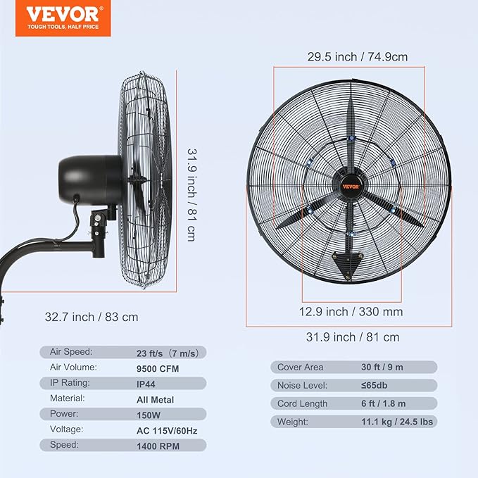 VEVOR 30 Inch Wall-Mount Misting Fan, 3-speed IP44 Waterproof Oscillating, Max. 9500 CFM Wall Mounted Fan for Outdoor, Commercial, Residential, Greenhouse, Workshop, Patio, Black, ETL Listed