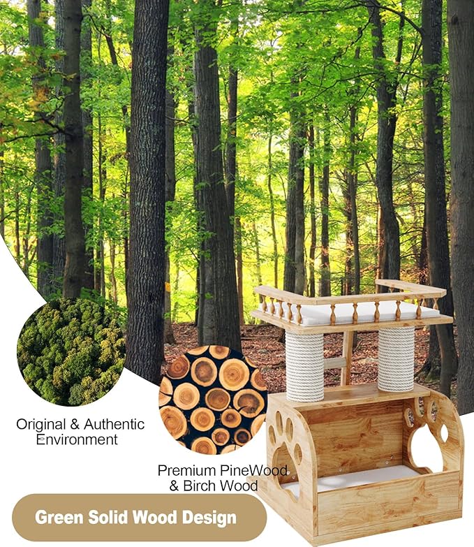 Modern Solid Wooden Cat Tree Tower, 25" Luxury Cats Trees Condo with Scratching Post, 2 Level Heavy Duty for Cat Tower Indoor Cats Adults, Natural Cats Tree House with Washable Cushions