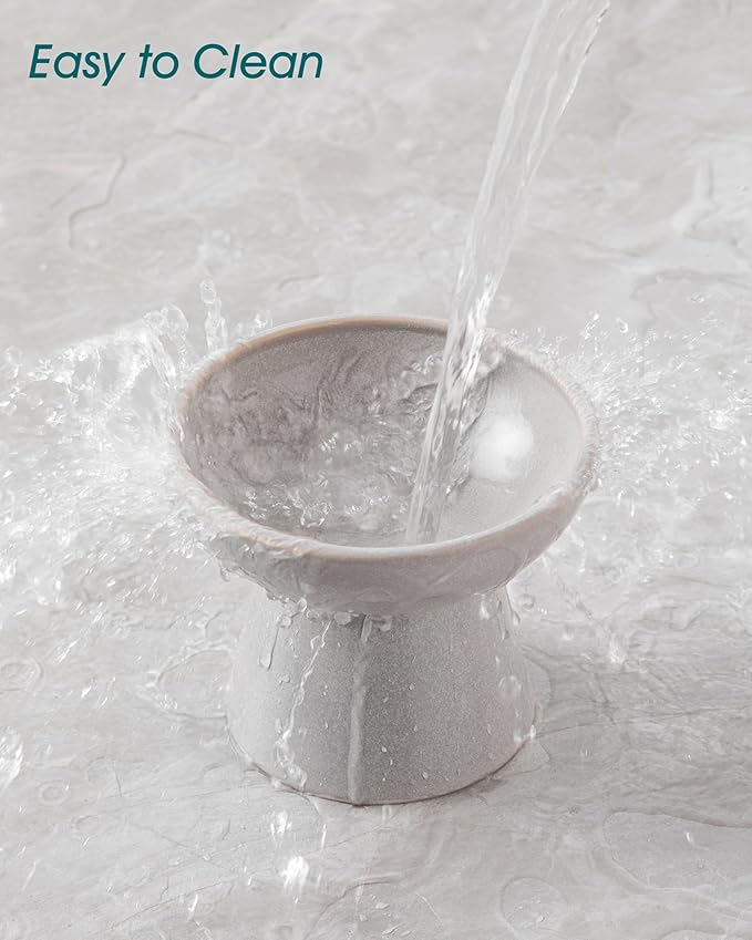 vancasso Ceramic Elevated Cat Bowls 2-Pack - 6.2" Extra Wide Raised Cat Food & Water Dishes, 5.1" Optimal Height Anti-Whisker Fatigue Shallow Bowls for Cats/Kittens/Dogs, Lead & Cadmium Free (Grey)