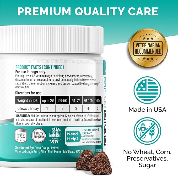 PREMIUM CARE Hemp Calming Chews for Dogs, Made in USA - Helps with Dog Anxiety, Separation, Barking, Stress Relief, Thunderstorms and More, 9.3 oz (264g), 120 Count