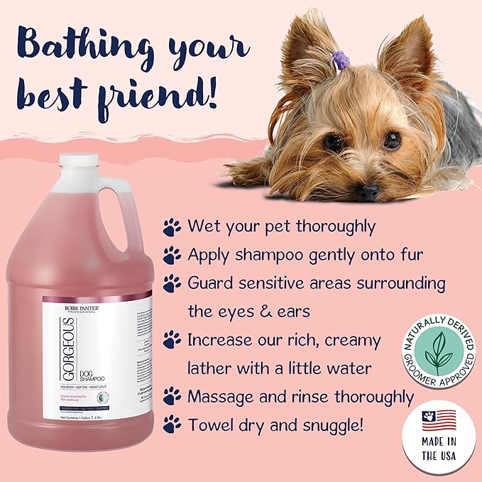 Bobbi Panter Gorgeous Dog Shampoo for Natural Brightening & Whitening, Naturally Derived Ingredients, Tear-Free, Salt-Free, Paraben-free, pH-Balanced, Peach Scent, 20:1 Concentrated Formula, 13 oz