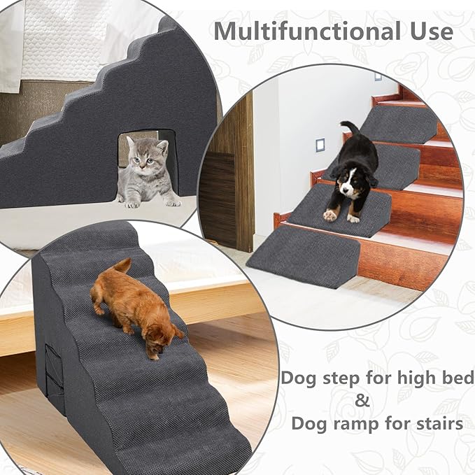 Dog Stairs for High Beds 30-36 inches Tall, 7-Step Pet Stairs/Steps for Small Large Dogs, 30D Foam Pet Steps/Ramp/Ladder for High Bedsides, with 4pcs Dog Ramp for Stairs, Dark Grey
