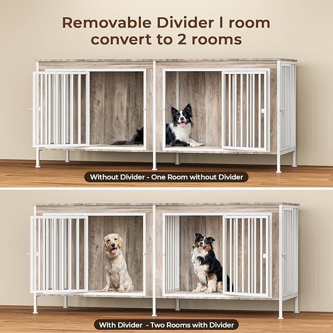 63 Inch Dog Cage Furniture for 2 Large/Medium Dogs with Removable Divider, Extra Large Double Doors Dog Kennel, XXL Thick Wooden Dog cage Furniture, Durable and Sturdy, Beige