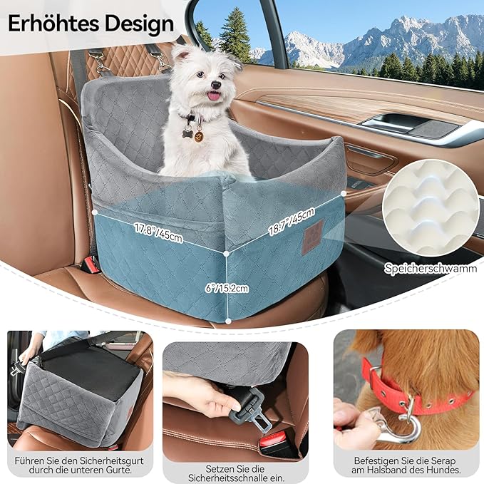 Dog Car Seat for Small/Medium Dogs, Dog Booster Car Seats with Thick Cushion for Dogs Under 35lbs, Detachable Washable Pet Car Seat with Storage Pockets, 2 Safety Belts