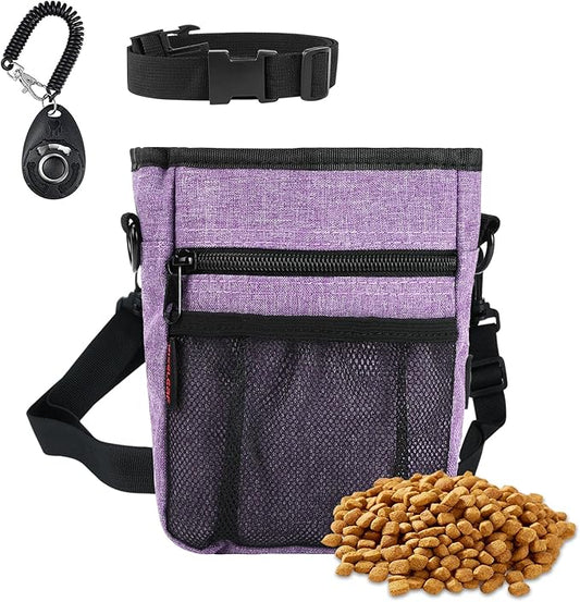 Dog Treat Pouches for Pet Training with Magnetic Closure Treat Pouches for Pet Training,Large Dog Treat Training Pouch and Dog Clicker,Training Treat Pouch Built-In Poop Bag Dispenser-Purple.