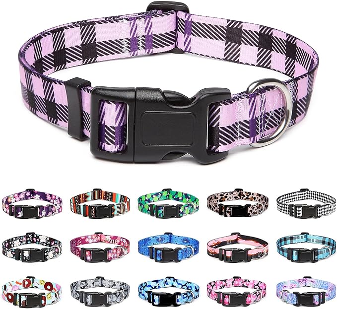 Mercano Adjustable Dog Collar - Special Design Patterns, Soft Nylon Comfortable Durable Pet Collar for Small Medium Large Dogs (L, Purple Plaid)