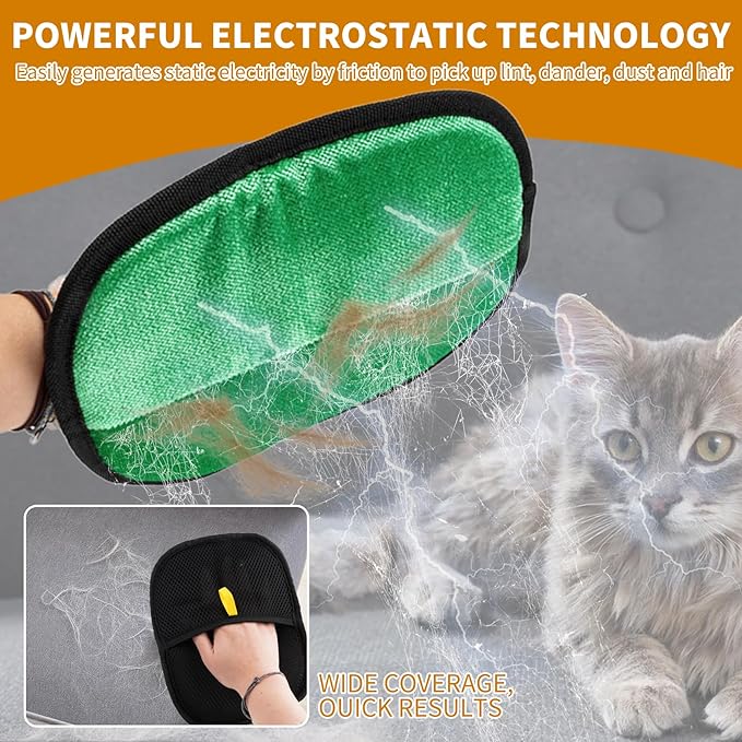 2PCS Electrostatic Pet Grooming Gloves, Reusable Hair Remover for Dog Cat Fur on Clothes Furniture Car Seat/Green