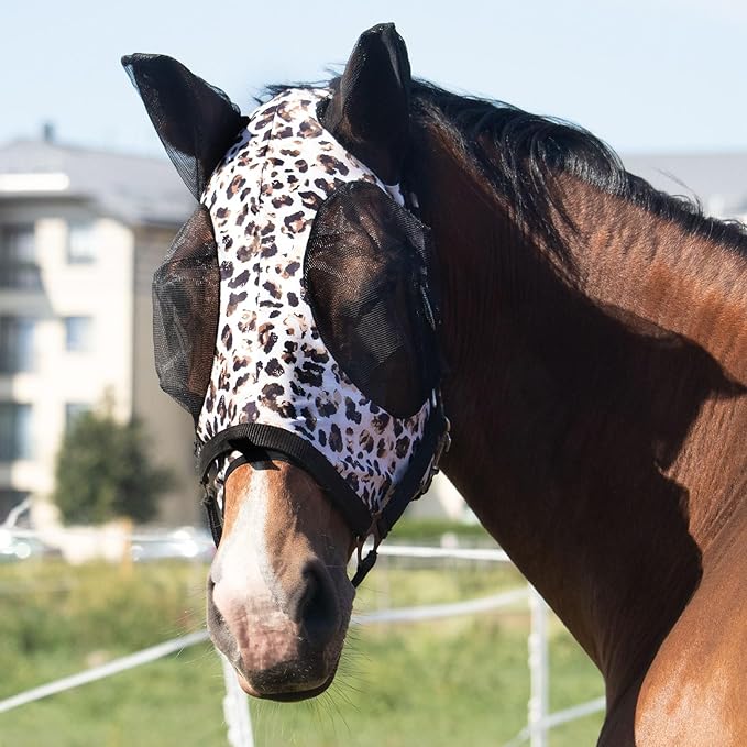 Harrison Howard Super Comfort Stretchy Fly Mask Large Eye Space with UV Protection Soft on Skin with Breathability Leopard Print Full Size