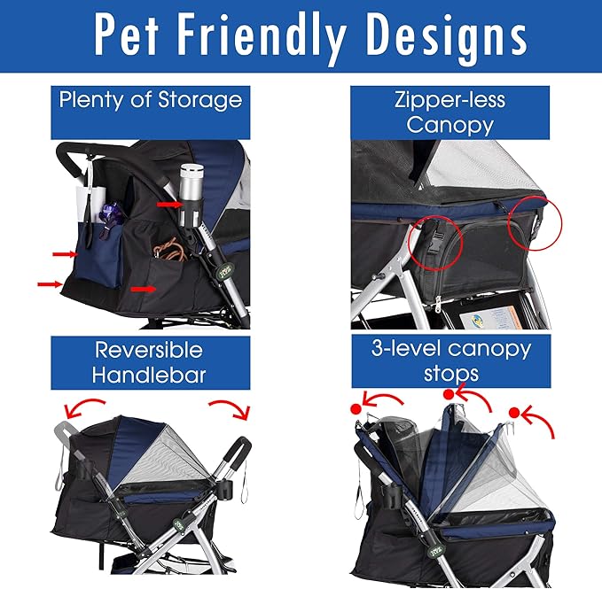 HPZ Pet Rover Premium Heavy Duty Dog/Cat/Pet Stroller Travel Carriage With Convertible Compartment/Zipperless Entry/Reversible Handle/Pump-Free Rubber Tires for Small, Medium, Large Pets-Midnight Blue