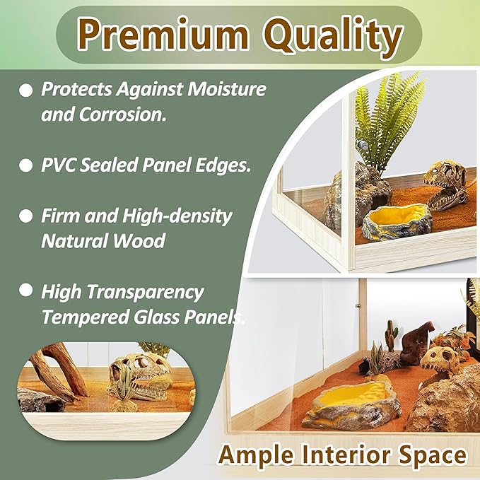 Tempered Glass Bearded Dragon Tank,32 Gallon Reptile Tank with Meatl Mesh Roof and Front Sliding Door, Anti-Scratch Lizard Tank,Spacious Reptile Enclosure for Snakes,Lguanas, Chameleons (Oak)