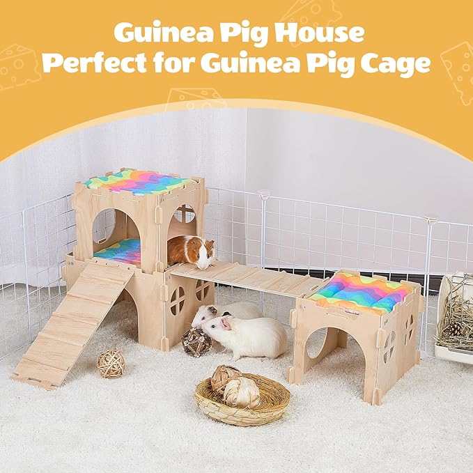 Guinea Pig Hideout, Guinea Pigs House with Stairs and Mats Extra Large Guinea Piggy Castle Detachable Hideouts for Small Animals Wooden Guinea Pig Habitats with Multiple Doors and Windows