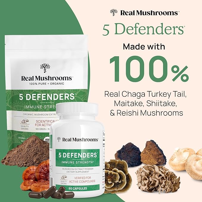 Real Mushrooms 5 Defenders Mushroom Complex Powder – Organic Mushrooms Extract from Chaga, Reishi, Turkey Tail, Maitake & Shiitake Mushroom Blend for Wellness Support with Beta Glucans - 100 Servings