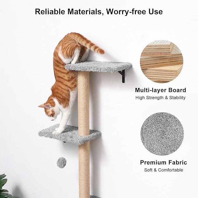 FUKUMARU Cat Wall Shelves, Stable & Safe 4 in 1 Cat Furniture Set, Wooden Climbing Wall with Scratching Post for 16 Inch Drywall - Light Gray