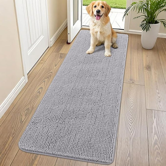 Smiry Dog Door Mat for Muddy Paws 70x24, Absorbs Moisture and Dirt Doormat, Non-Slip Washable Quick Dry Chenille Front Door Mat Indoor Entrance, Entryway Carpet for Inside Floor, Light Grey