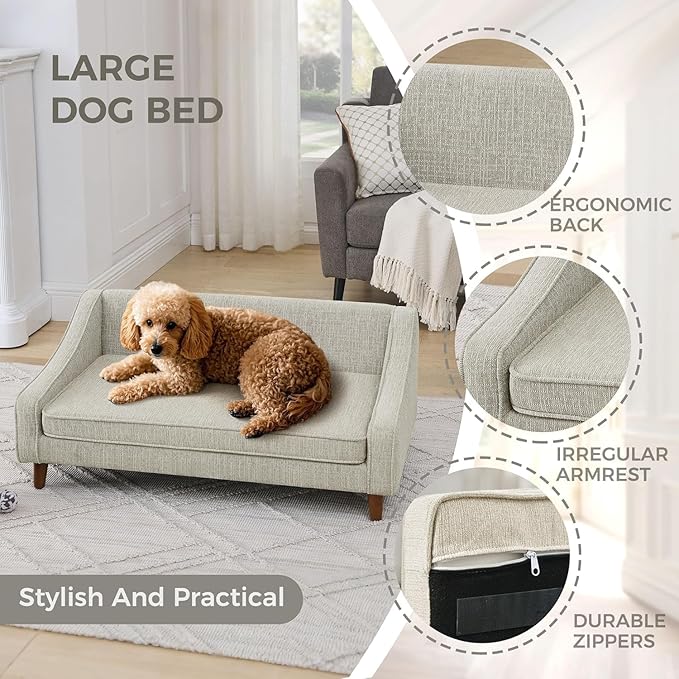 Dog Sofa Couch for Medium to Large Dogs, Durable Pet Sofa with Washable Fabric, Elevated Mini Dog Bed with Wooden Legs for Medium and Large Dogs, Beige