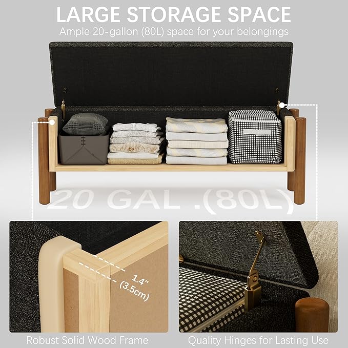 Modern Storage Benches with Walnut Wood Legs, 47'' Ottoman Bench with 20 Gallons Storage Space for Bedroom End of Bed, Fabric Upholstered Entryway Bench with Seating for Livingroom, Gray