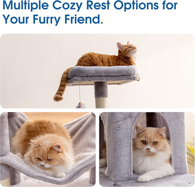 MWPO 70.1-Inch Large Cat Tree, Multi-Level Tall Cat Tower for Indoor Cats, Plush Cat Condo with Big Padded Perches, Sisal-Covered Scratching Posts, Hammock, Toys for Kittens & Cats - Light Grey