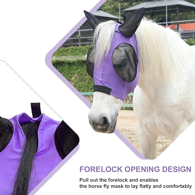 Stretchy Horse Fly Mask for Horses, Soft Lycra Equine Mesh Mask, Elasticity Horse Face Covering, Breathable&UV Protection, Violet, Full