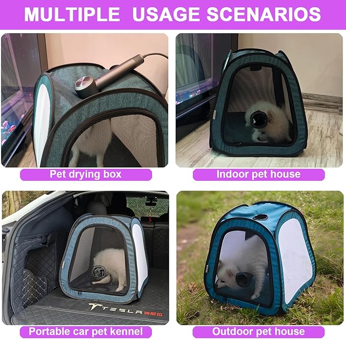 PetDogCatDrying Box Waterproof Anti-Hair Flying Portable Cat Cage Kennel Portable Foldable Cat Drying Room Pet Dry Room Pet HairDryerClean Grooming House Dryer Cage for Cats/Dogs (Trapezoid Blue)