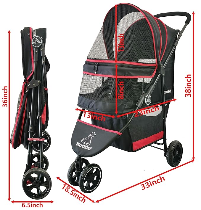 ROODO Escort 3 Wheel Dog Cat Pet Stroller for Small/Medium Dogs Cats Best Lightweight Foldable Portable Compact Jogger Travel All Terrain Pet Gear System Puppy Doggie Bunny Kitty Stroller(Black)