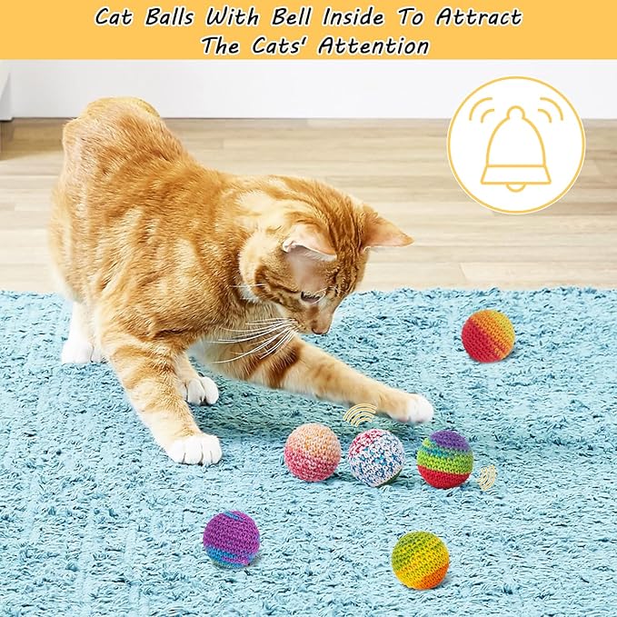 Retro Shaw Cat Toys Balls, Woolen Yarn Cat Ball Toy with Bell Inside, Kitten Toys for Indoor Cats, Interactive Cat Chew Toys for Kitty Kitten, 6 Pack